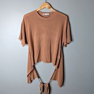 ZARA Tan Linen Blend Boxy Short Sleeve Bandage Wrap Crop Short Sleeve T Shirt S